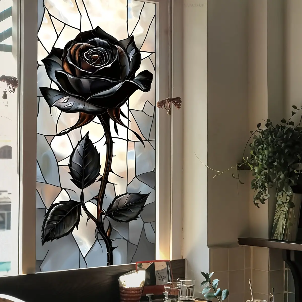 A piece of (45*100cm) electrostatic adsorption black rose decorative sticker for beautifying living room and bedroom windows, model D18027-KL, Floral Pattern Sticker, Sticker Decorations