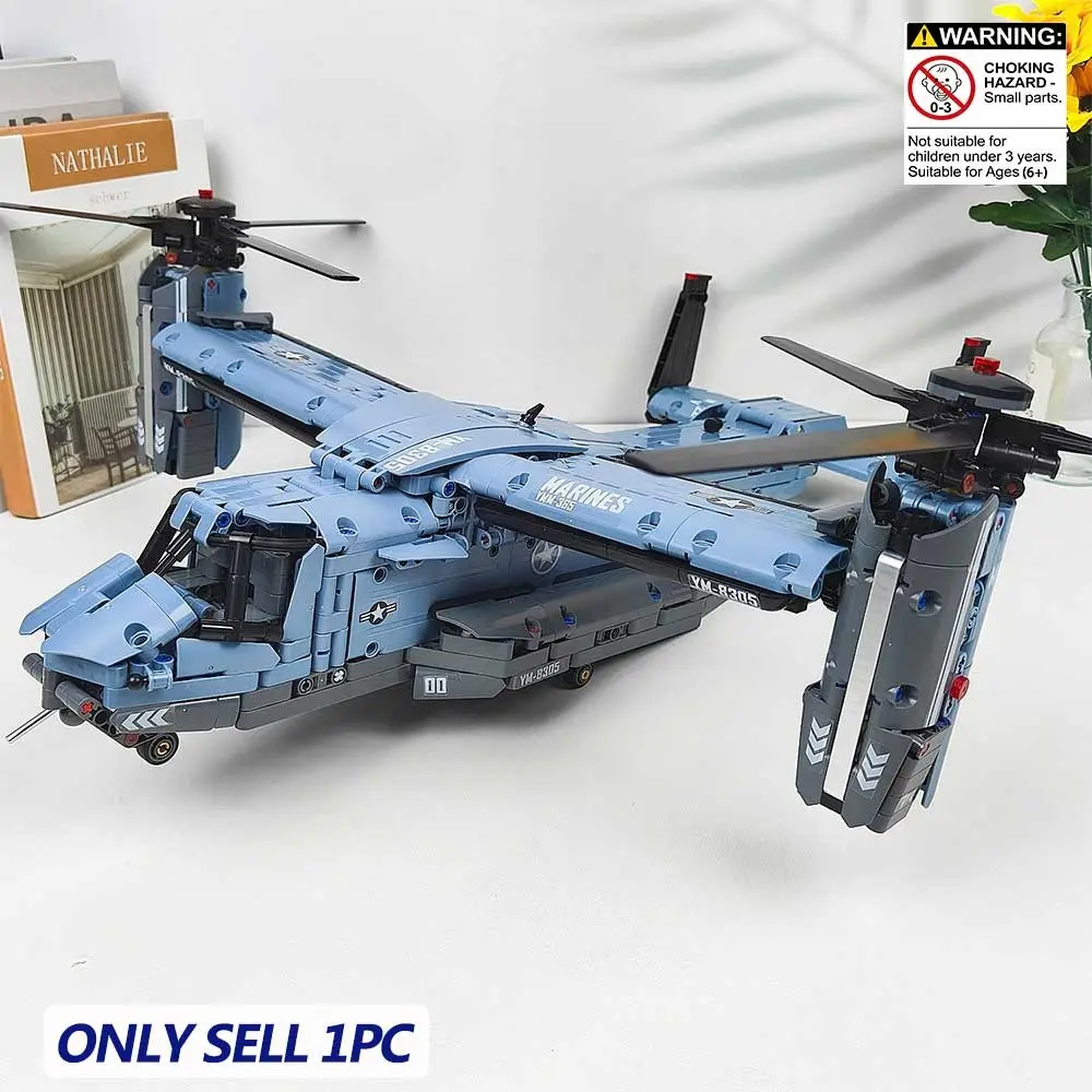 Moc 1389pcs Tiltrotor V-22 Osprey Helicopter Building Block Set, Moc Blocks Set, Unisex Military Airplane Model Toy, Christmas Birthday Gift for Kids, Assembly Blocks Set, Building Sets