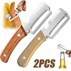 Sharp Stainless Steel Vegetable Peeler 2 Pack, Ergonomic Non-slip Wooden Handle, 2-in-1 Fruit Veggie Peeler with Bottle Opener for Carrot Potato Zucchini Pumpkin Papaya