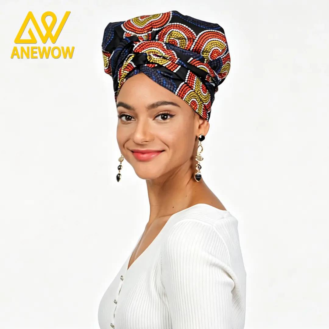 ANEWOW Deep Blue White Polka Dot Ankara Satin Lined Turban Headwrap