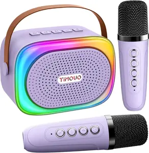 Mini Karaoke Machine, Portable Bluetooth Speaker with 2 Wireless Microphones and LED Lights, Birthday Gifts for Family Home Party, Purple
