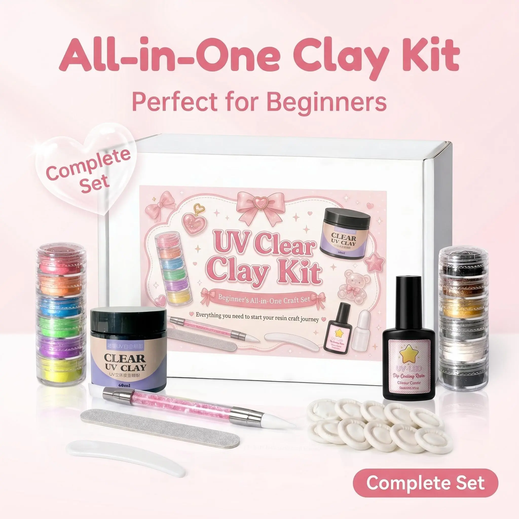 UV Clear Clay Kit - All-in-One Beginner Resin Craft Set with Tools, Glitter & Accessories for DIY Jewelry Making, Beading Making, Pendants & Charms, Handmade Gifts, Jewelry Making Kits (UV Lamp Not Included)