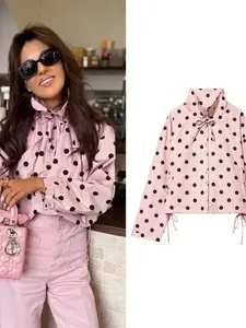 Women's Spring Fashion Polka Dot Jacket, Stand Collar Long Sleeve Outerwear, Casual Fashionable Outerwear, Casual Loose Fit Top with Zipper, Solid Pattern, Casual Comfy Jacket