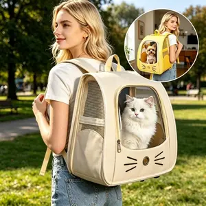 Transparent Bubble Window Cat Face Design Pet Backpack, Wide Strap Foldable Breathable Dog Bag, Ideal for Festive Occasions, Comfortable Travel Essential