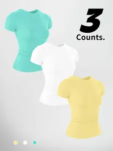 Women's Sporty Short Sleeve Round Neck T-Shirt, Breathable Quick-Dry Lightweight Top for Yoga Running Fitness Gym Wear