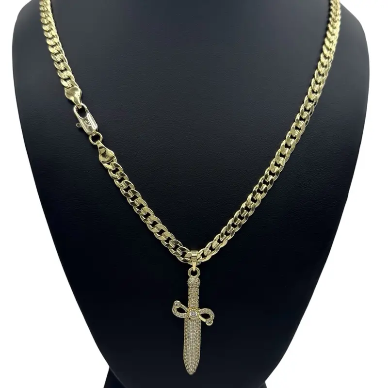 #319 14K Laminated High Quality dagger pendant 1.5Inch long with cuban chain size 22Inch, 24Inch and 5mm wide