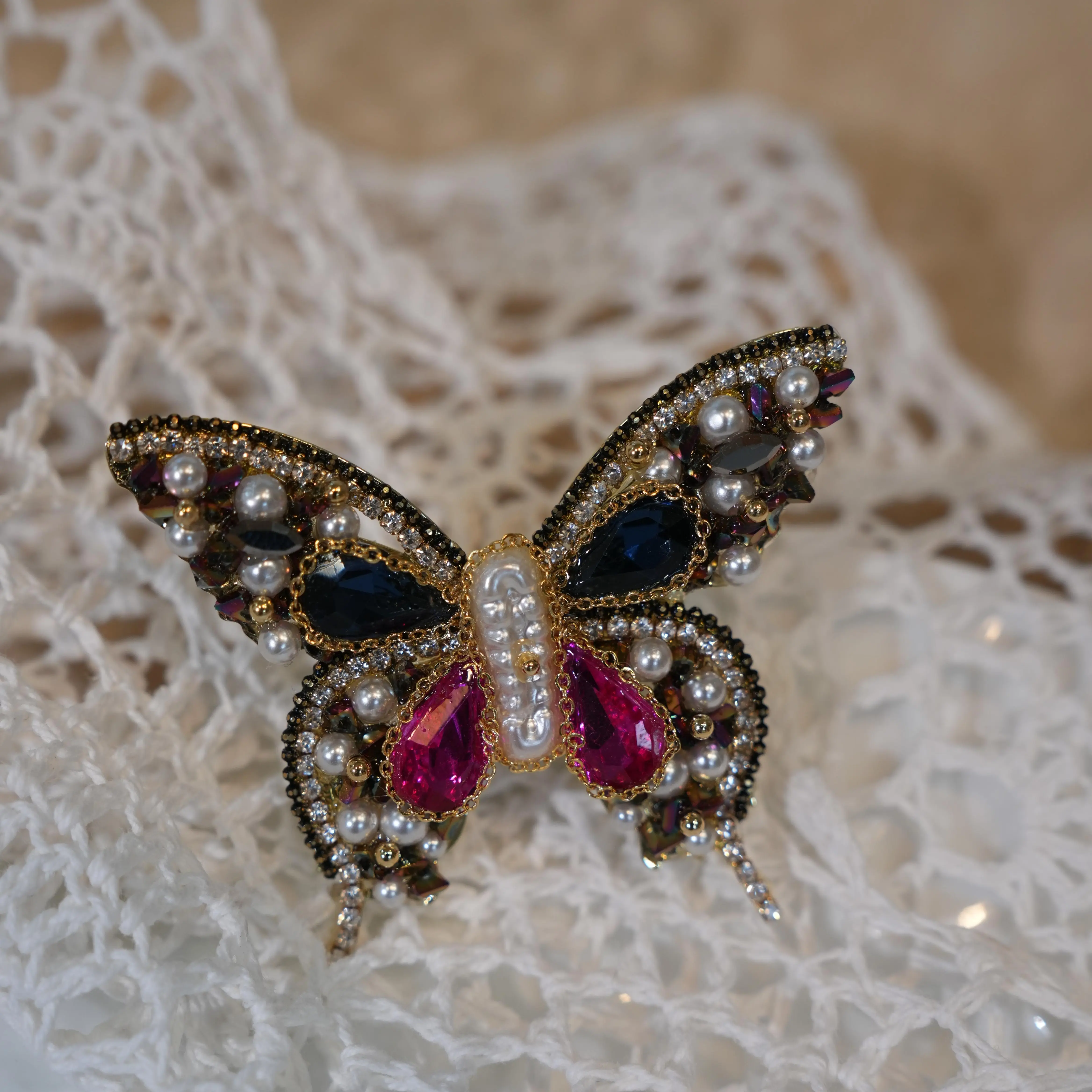 Hand Beaded Butterfly Brooch, Pearl & Multi-Color Crystal Vintage Lapel Pin