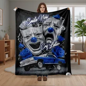 1pc Smile Now Cry Later Masks Lowrider Car Street Art Flannel Fleece Blanket, Super Soft Cozy Plush Throw for Bed, Couch, Sofa, Living Room, Bedroom, Office, Travel, Camping, Picnic, Gift fo, Soft Warm Blanket