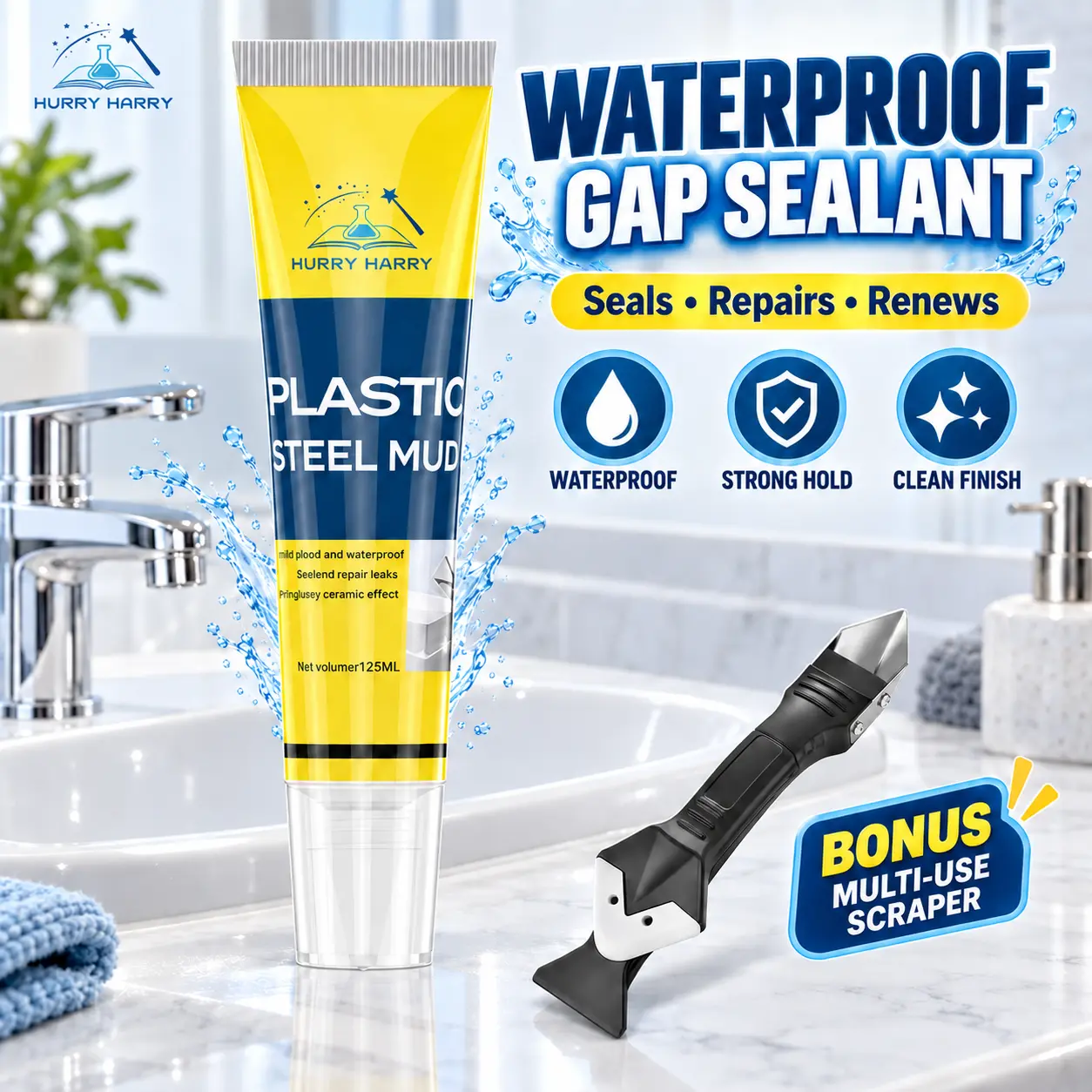 Hurry Harry Plastic Steel Putty – Waterproof Sealant, Mold Proof, Stain Resistant, Eco-Friendly, for Kitchen Bathroom Balcony Window Gap, -50°C to 150°C