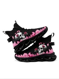 Men's Skull & Rose Print Lace Up Low Top Reflective Sneakers, Casual Sporty Breathable Comfortable Running Shoes, Fashionable .platform Sneakers for Daily Wear