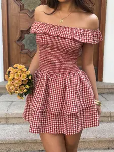 Plaid One-Shoulder Sleeveless Cinched-Waist Ruched Short Lady Dress, Double-Layer Skirt Hem, Party Style, All Seasons, Womenswear