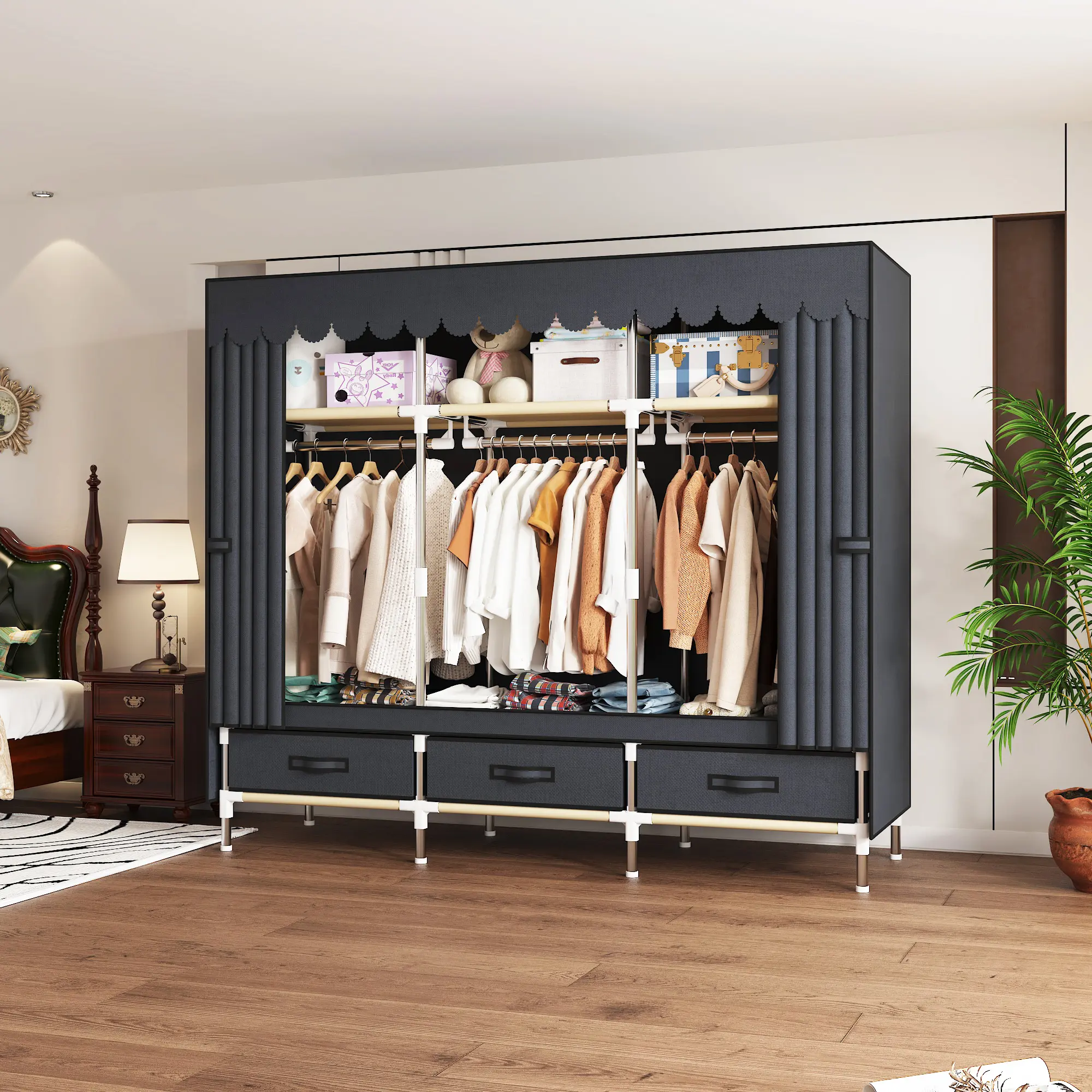 Portable Wardrobe Closet, Durable Closet with Cover for The Armoires Organization, Metal Frame with Grey Non-Woven Fabric,Portable Closet with Cover; 3 Drawers