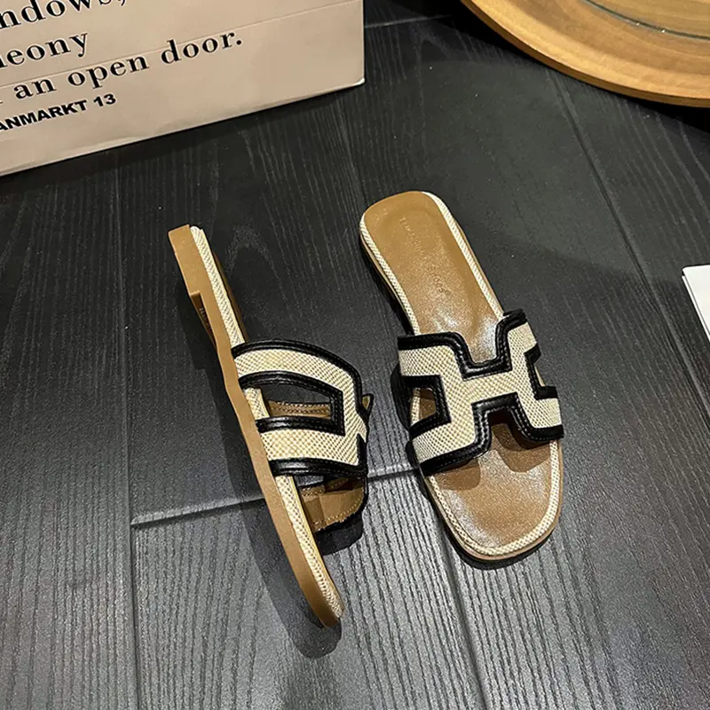 ReneChristine Women's Fashion Woven Slides, Vacation Style, Classic and Versatile, Perfect for Daily Wear and Island Getaways, Walking Shoes, Casual, Contrast Straps Frame The Foot Neatly