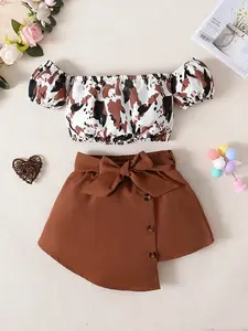 One-Shoulder Leopard Print Girls' Skirt Set