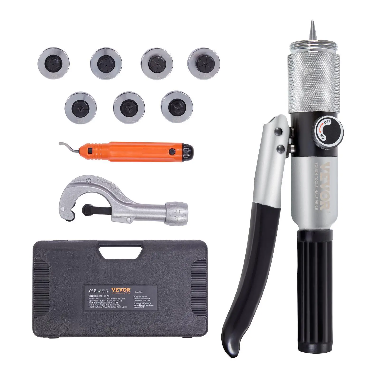 【Summerfinds】VEVOR Hydraulic Tube Expander,  3/8" to 1-1/8" OD, HAVC Hydraulic Swaging Tool with 7 Pipe Expander Heads, Deburring Tool, Pipe Cutter for Copper Aluminum Brass Soft Steel Pipes