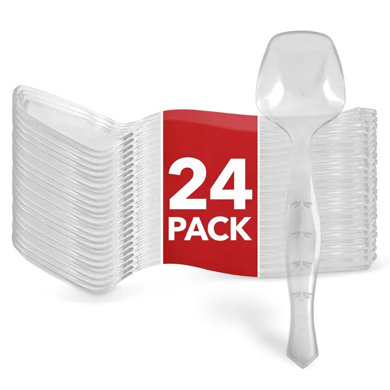 24 Count Disposable Clear Plastic Serving Utensils for Catering, Weddings, Holidays & More, Large Plastic Spoons for Buffet & Party