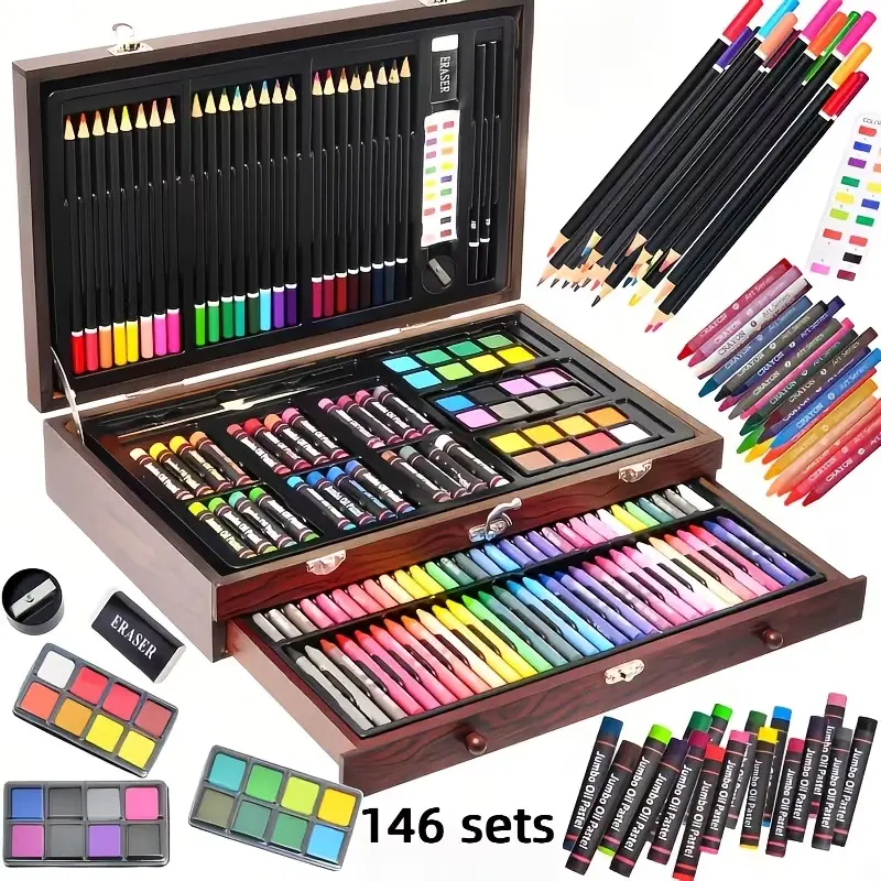 146pcs Deluxe Art Set, Art Supplies with Wooden Box, Painting and Drawing Art Kit, with Crayons, Colored Pencils, Oil Pastels, and Watercolors, Suitable for Beginners and Artists for Painting, Design, and Art Creation