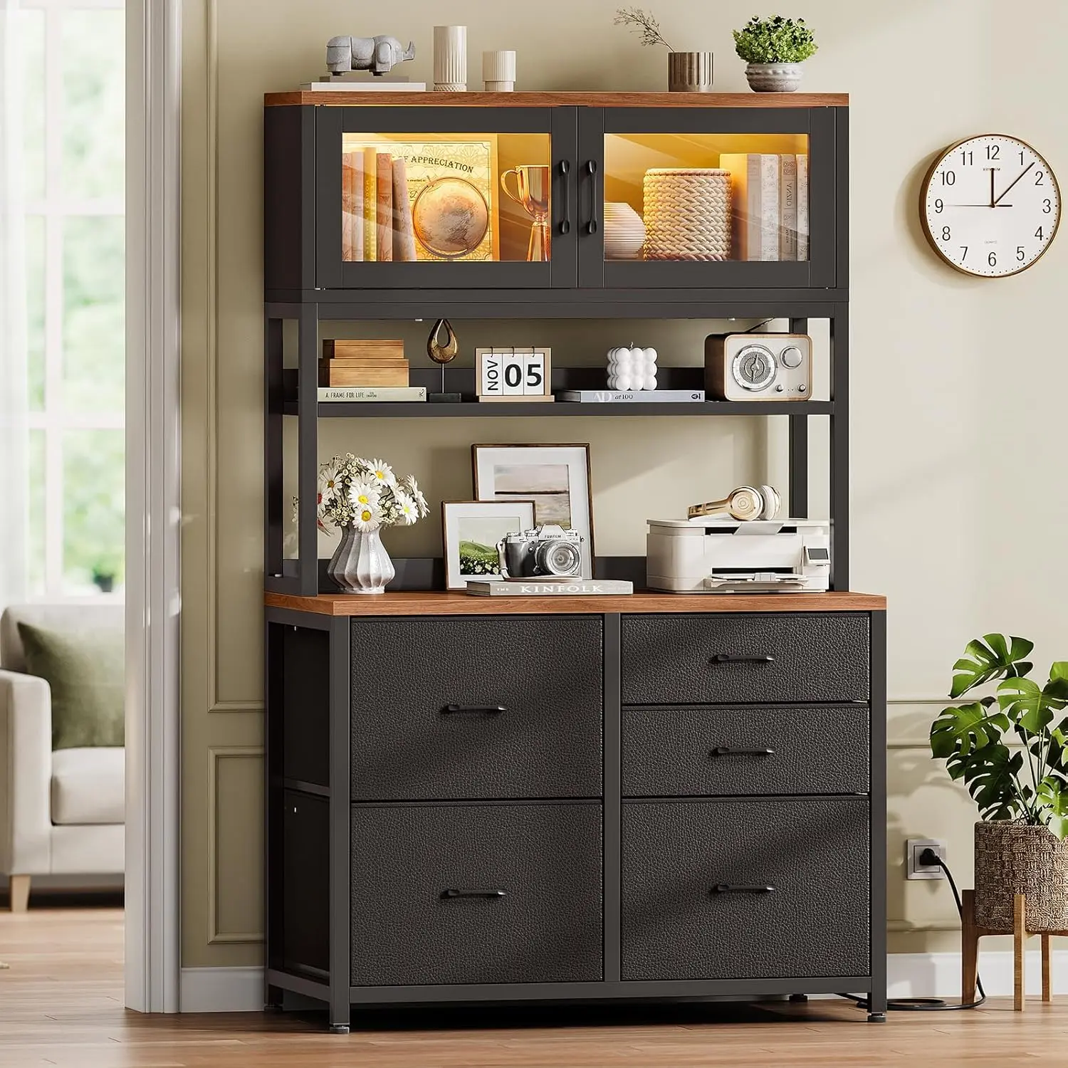 SEDETA Industrial 5-Drawer Filing Cabinet (31.5" W x 17.7" D x 63.3" H, 50-100 cm Range), Fabric Accents, Anti-Tip Kit, Charging Station, Glass Printer Stand, LED Lights, Storage Shelf, Fits Legal/Letter/A4 Files, Assembly Required for Home Office, Conven