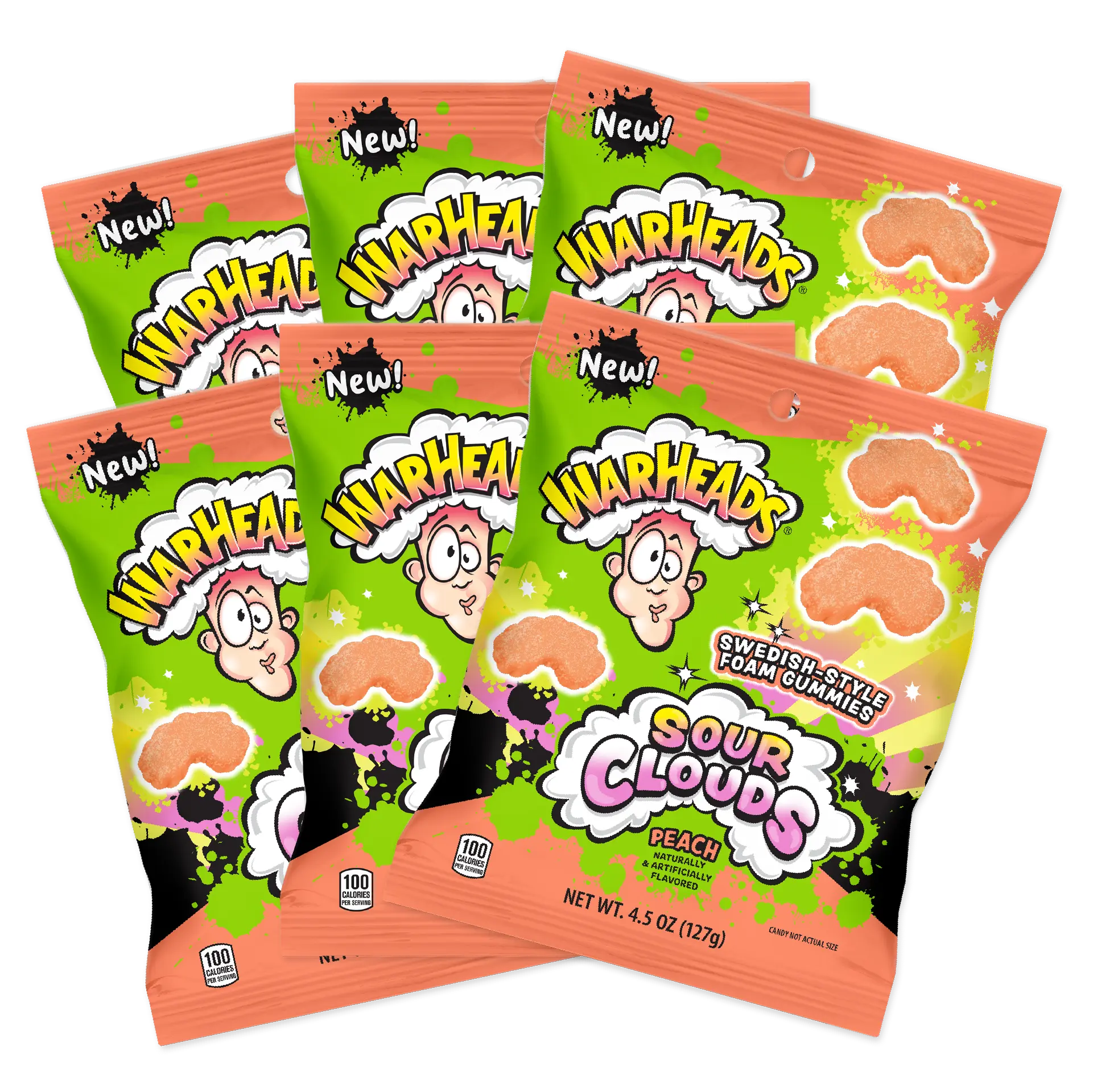 WARHEADS Sour Clouds Peach 4.5 oz Bags - 6 Pack Sour Candies Chewy Candy Snack
