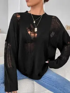 Women's Basic Minimalist Solid Color Ripped Drop Shoulder Sweater, Lady Soft Casual Comfort Long Sleeve Round Neck Jumper for Fall, Women's Knitwear for Daily Wear, Womenswear Knitting Tops