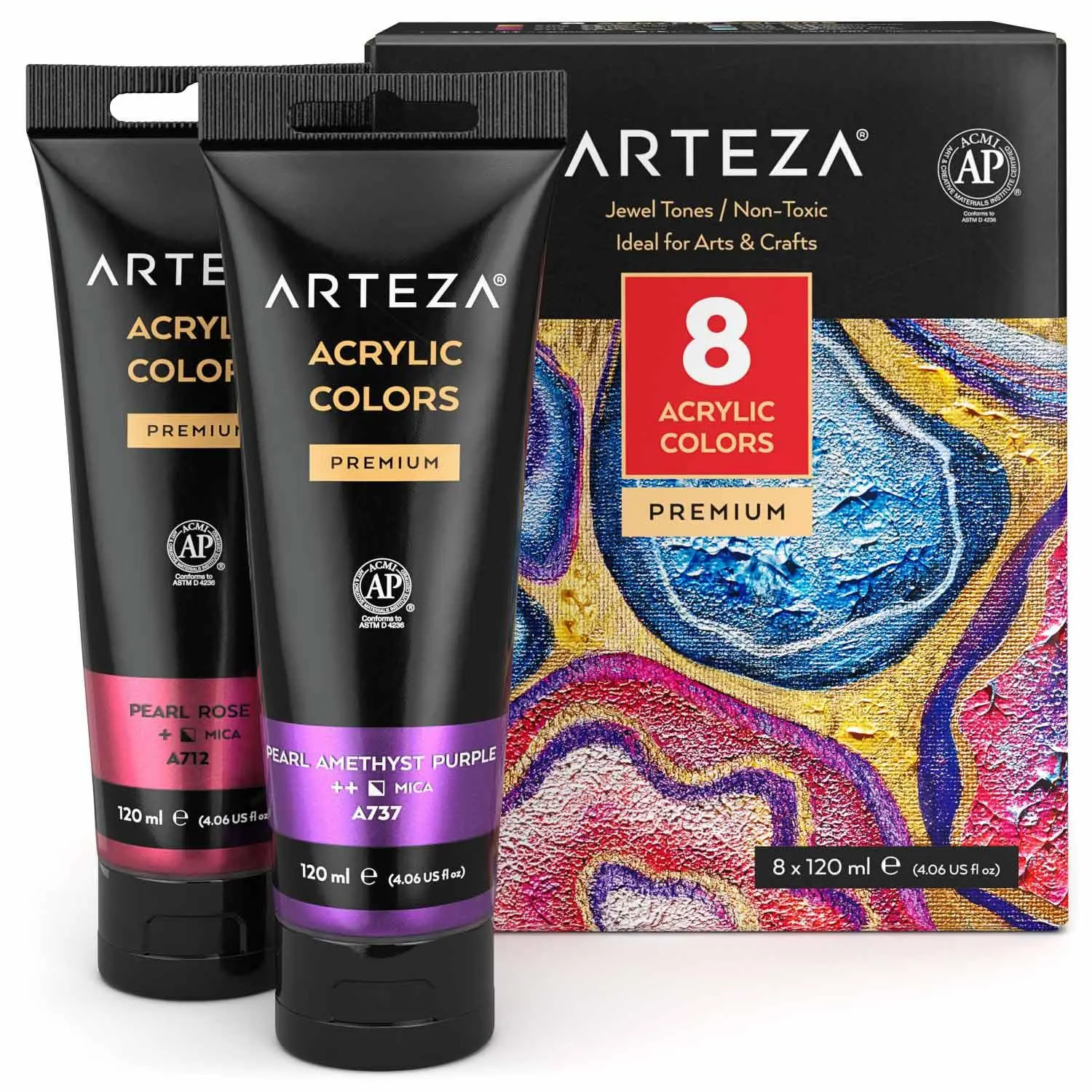 Arteza Jewel Tones Acrylic Paints Set - 8-Piece, 120 ml Easy-to-Squeeze Tubes, Bold Impact, Metallic Shine, Highlighting Painting Supplies for Artists, ARTZ-3514