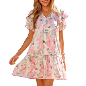 Asvivid Women's Floral Contrast Edge Layered Short Sleeve Mini Dress with Pocket Summer Casual Vneck Vacation Dresses Womenswear summervibes