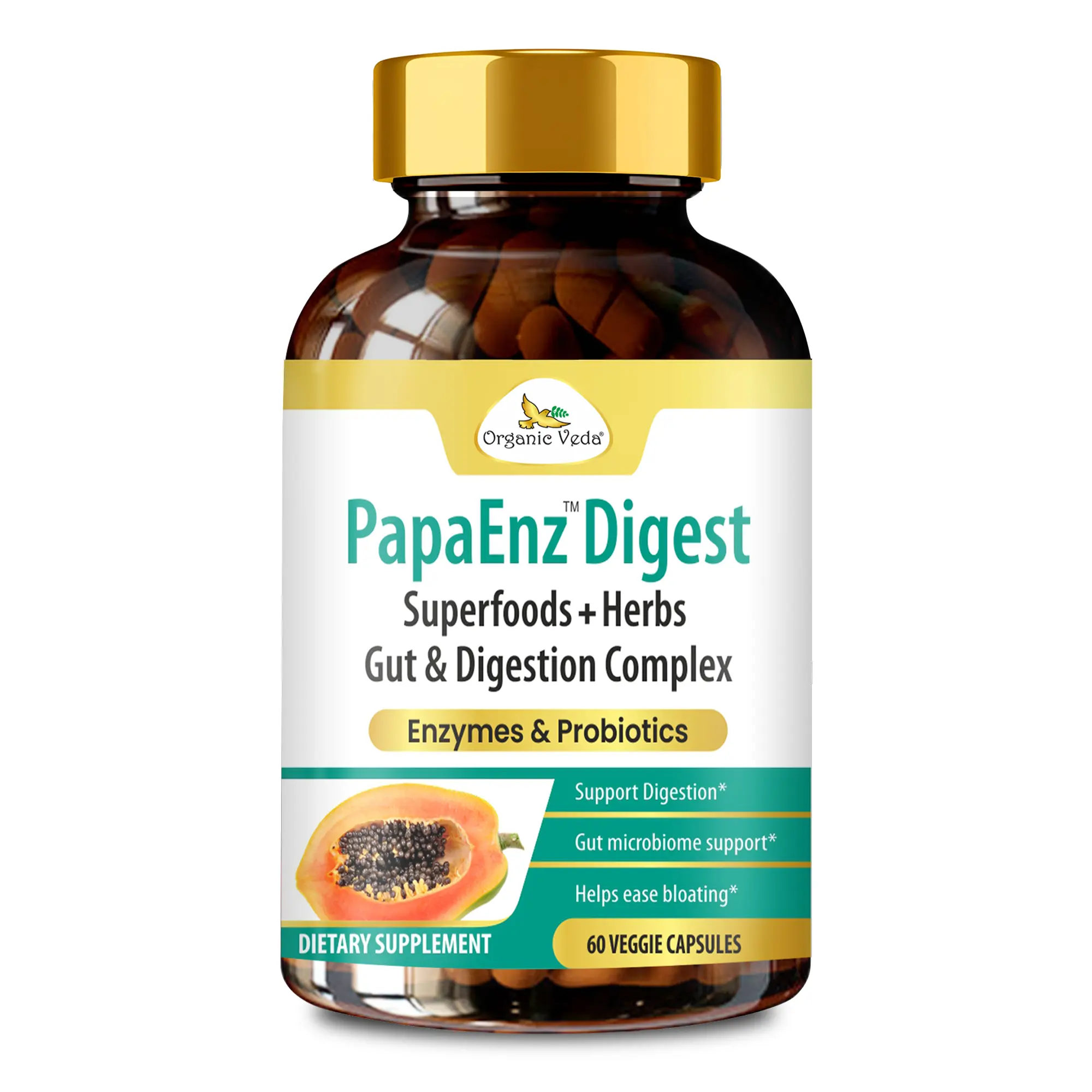 Organic Veda PapaEnz Digestive Enzymes & Probiotics for Women & Men, Papaya Enzymes Digestion Capsules - Gut Prebiotics & Digestive Health Supplement, Bloating & Gas Relief for Adults, 60 vegan pills