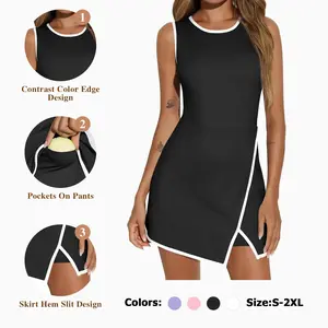 Women's Pink Workout Tennis Dress with Built-in Bra & Shorts Pockets Sleeveless Crewneck Golf Athletic Mini Dresses Activewear Machine Washable Soft Breathable Fabric SpringStatements