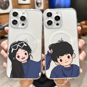 Cute Boy Girl Couple Phone Case for iPhone 12 11 13 14 15 16 Max Pro Plus Transparent Magsafe Magnetic Wireless Cover