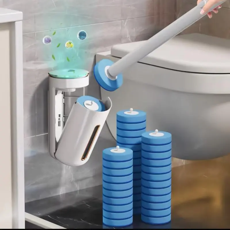 Upgraded Toilet Brush Set (1+24pcs) with Handle - Wall-Mounted, Disposable 1+24 Assorted Brush Heads, Ergonomic Design, No-Bending Hygiene, Adhesive Space-Saving Installation, Toilet Bowl Cleaner, Home Cleaning Products