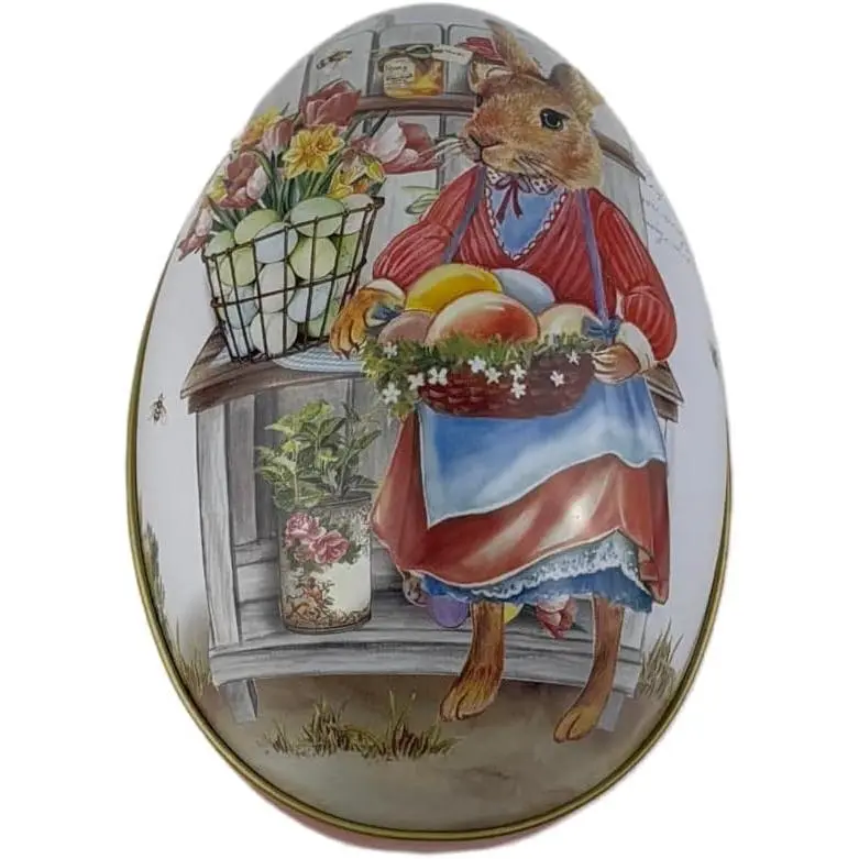 Easter Egg Tin Box, Bunny Rabbit Collectibles Metal Preserving Container with Easy-Open Split Lid, Charming Illustrated Bunny Rabbit & Gold Interior for Candies, Small Gifts