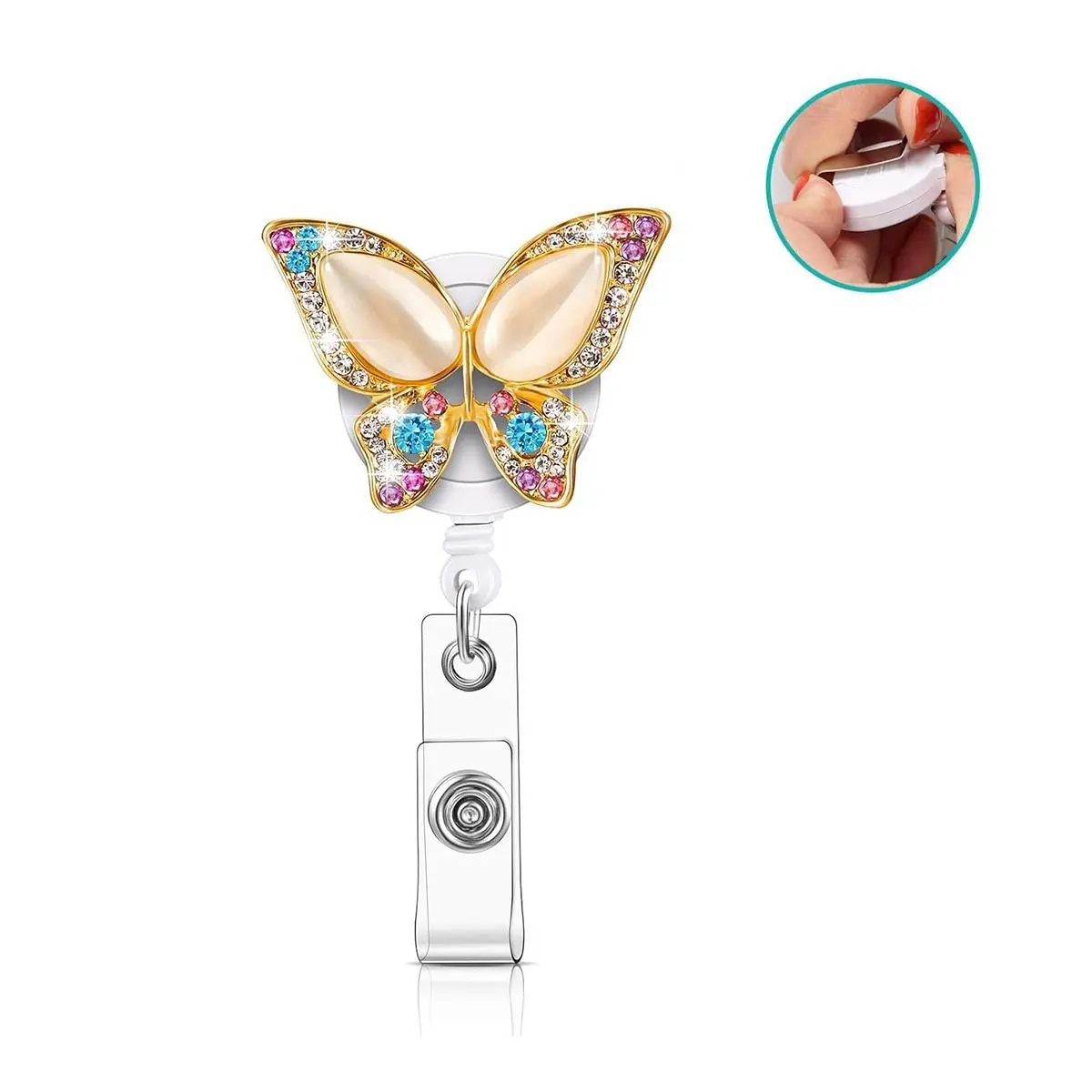 Rhinestone Butterfly Design Badge Holder, Premium Decorative Badge, Badge Decoration, 1 Count Retractable ID Badge Holder, Badge Reel, Name Badge Holder, ID Card Holder, Retractable Badge Holders, Office Stationery & Supplies