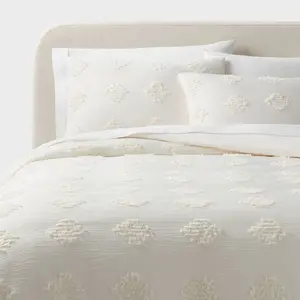 Full/Queen Tufted Diamond Crinkle Duvet Cover and Sham Set Ivory - Threshold