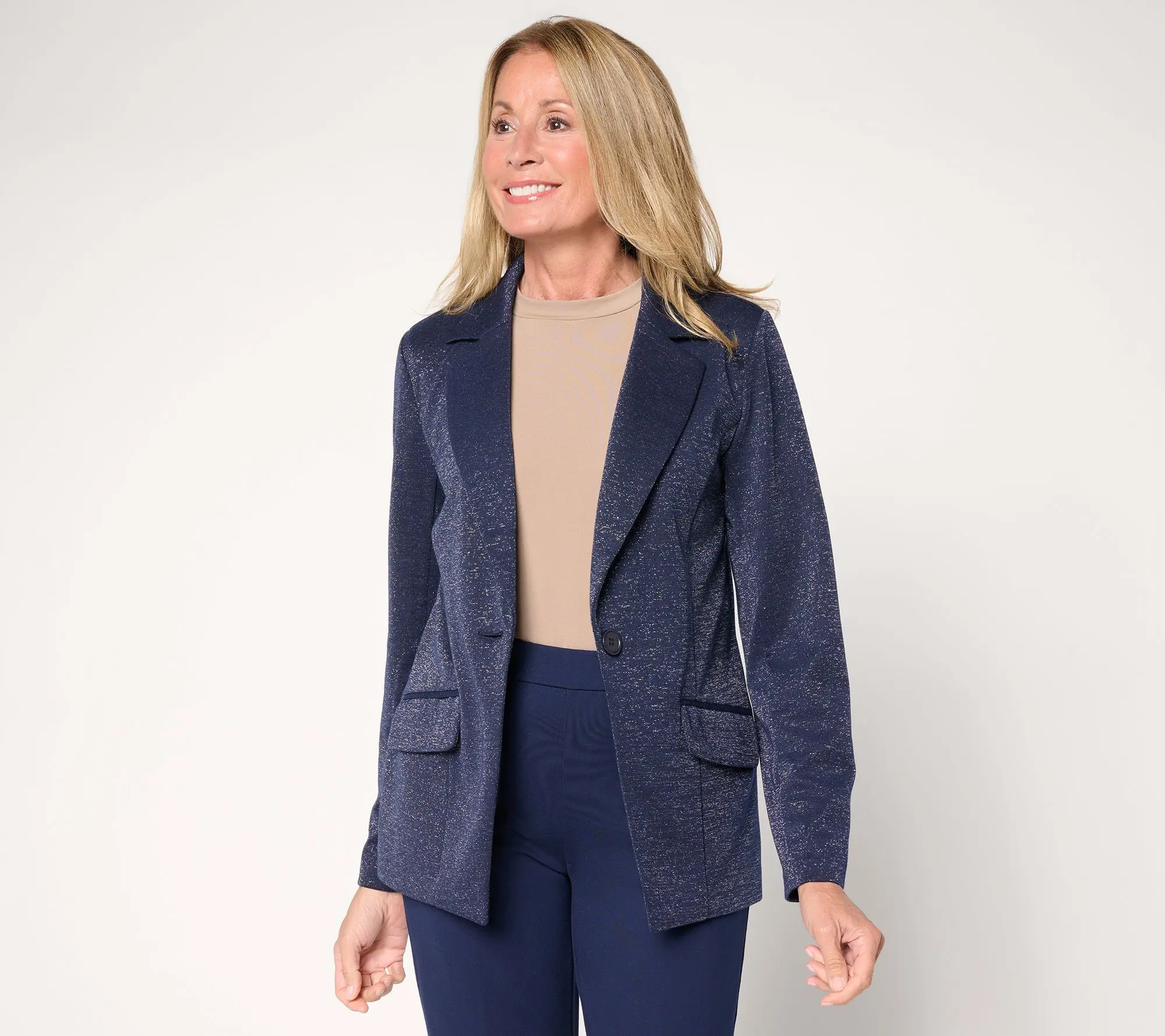 Susan Graver Petite Soft Metallic Knit Notch Collar Blazer