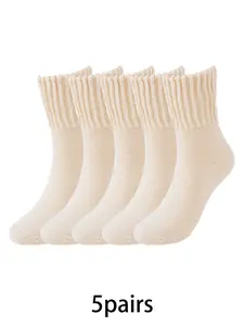 5 pairs of fashionable and simple plush fuzzy knitted socks, comfortable and soft mid tube socks, women's winter warm knitted socks