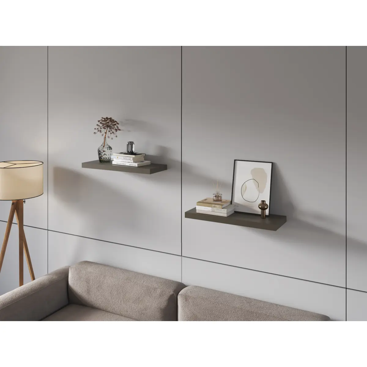FM FURNITURE Iva 1-Layer Minimalist Melamine Floating Shelves with Box, Smokey Oak (2-Pack) - Large Display Area Shelf for Bedroom Home Decor