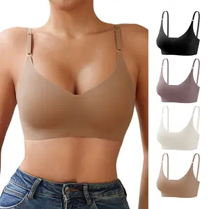 Deangelmon Women's V-Neck Bralette - Seamless Padded Nipple Covers Adjustable Straps Breathable Lightweight Everyday Sleep Multi-Pack Minimalist Design Comfortable Bras