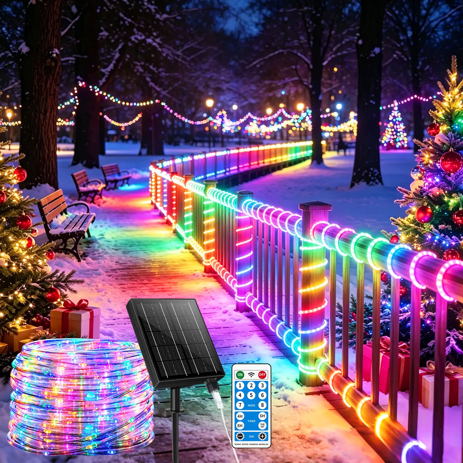 108.27FT Solar Rope Lights - 330 LED Waterproof Outdoor String Lights with Remote, 8 Modes Color Changing, CE Certified, Solar Panel Powered for Party Decorations, Camping Tents, Fences, Garden Decor, Vibrant