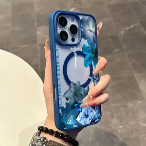 Magnetic TPU Silicone Smartphone Case - Cute Blue Lily Frame Print, Shockproof Protective Cover for iPhone 17,16 Pro Max,15 Plus,14,13,12,11,XS,XR, Aesthetic Mobile Device Accessories