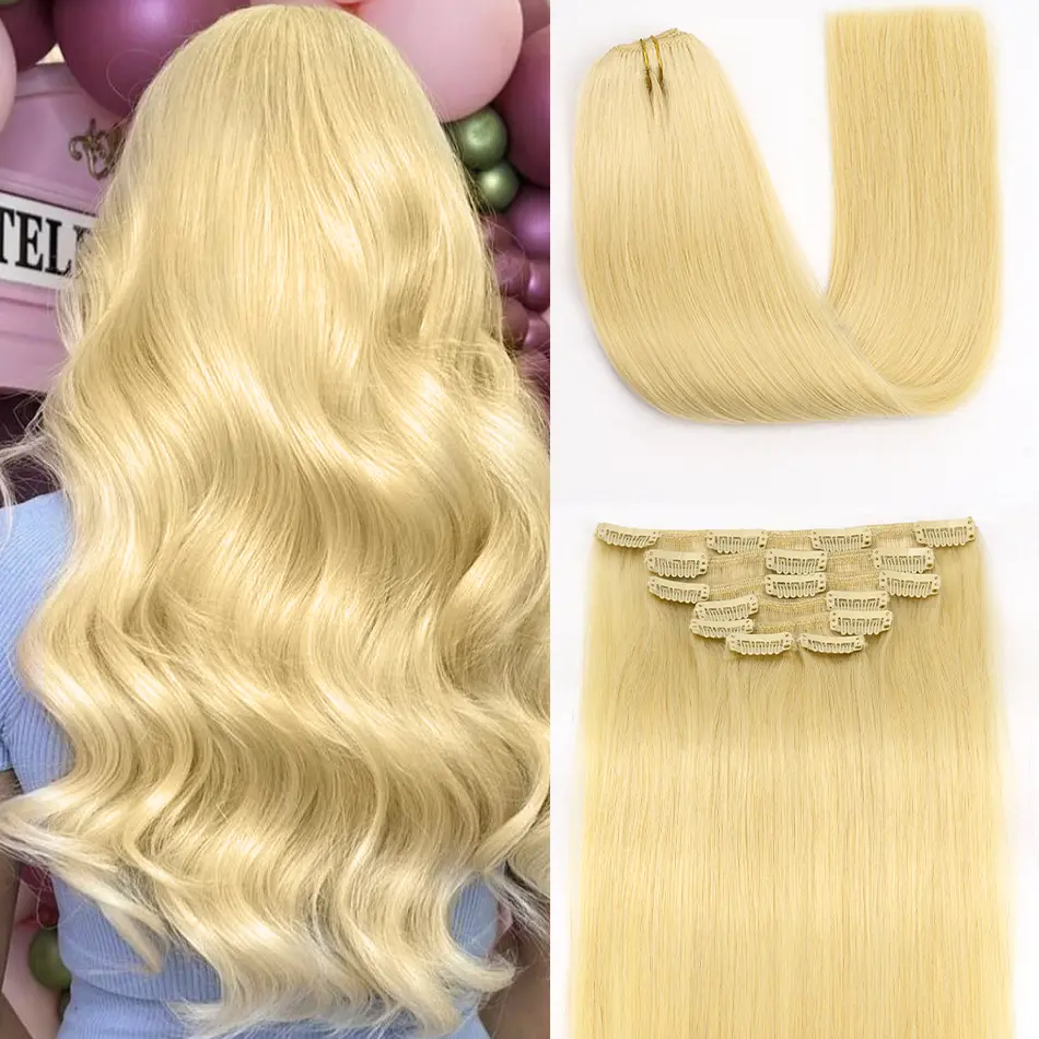 Bleach Blonde Clip In Hair Extensions Real Human Hair 85g 7 Pieces Human Hair Extensions Clip Ins #613 Ultra-High Clip In Hair Extensions Human Hair Blonde Clip Hair Extensions