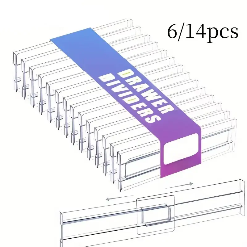 Adjustable Drawer Dividers Organizers 6/14pcs, Clear Plastic Separators for Kitchen, Closet, Office, Durable Design for Organization