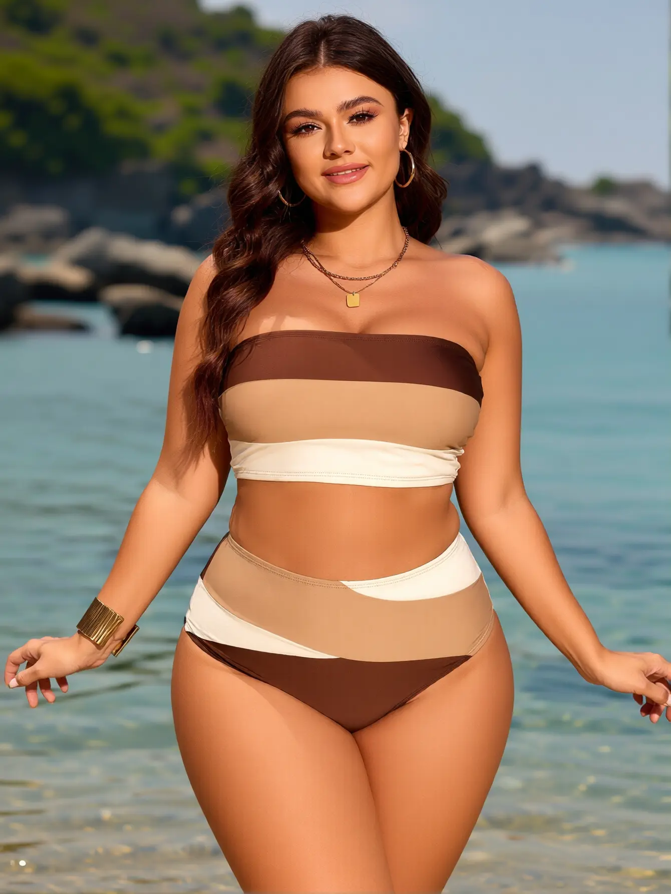 Women's Plus Size Nylon Bandeau Swim Top & Swimsuit Style Bikini Set - Tummy Control, High Waist, Color Block Shapewear Bathing Suit for Fashion Beachwear Swimwear