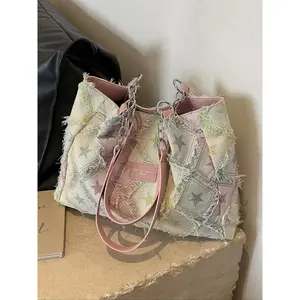 Women's Fashionable Star Pattern Raw Trim Tote Bag, Large Capacity Shoulder Bag, Trendy Denim Aesthetic Commuter Purse for School, Streetwear & Daily Outfits