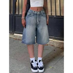 Y2KVintageSlantPocketFringeHemWideLegBermudaJeansDenimJortsCasualShortsBottomsFabric