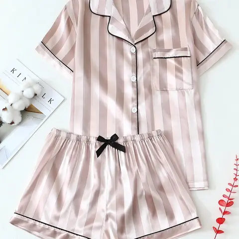 Women's Jacquard Striped Pajama Set, Pajama Pattern, Satin Loungewear Set, Casual Woven Fabric, Thin Fit, All Seasons Sleepwear, Comfortable Nightwear for Ladies, Pajamas Sleepwear, Fitted Sleepwear Set