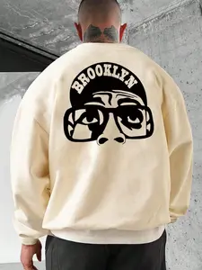 Men's Regular Fit Cartoon & Letter Print Drop Shoulder Knit Sweatshirt, Casual Soft Comfy Long Sleeve Round Neck Pullover for Fall & Winter, Men's Clothes for Daily Wear