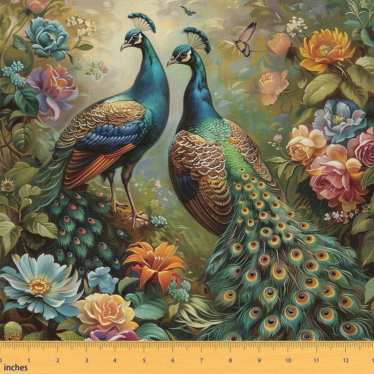 Peacocks Flannel Fabric,Flowers Butterflies Garden Animals 3D Upholstery,DIY Wildlife Birds Botanical Decorative Indoor Not Stretchy Fabric,Green Blue Pink
