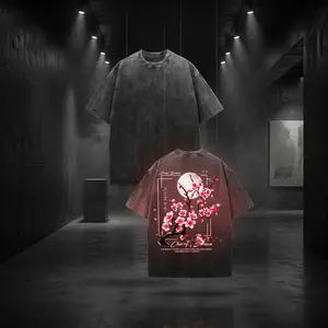 Vintage Washed Oversized Cherry Blossom Graphic Tee | Moonlit Sakura Print Streetwear T-Shirt | Soft Cotton Unisex Summer Casual Top