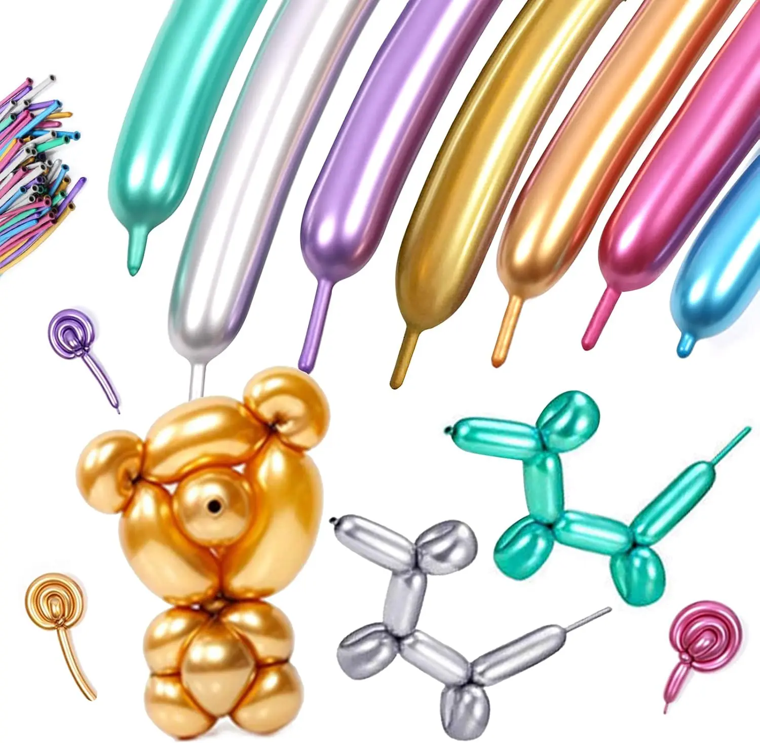 100 count 260Q Metallic Twisting  Long Balloons - Thickening Latex Modeling Magic for  Shapes, Birthdays, Clowns (Metallic)