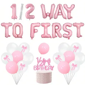 Pink Bow Half Birthday Decorations 1/2 Way to First Ballloon Banner Glitter Pink Bow Cake Topper Latex Balloons for Girls 6 Months Birthday Party Decor Supplies Kit Set